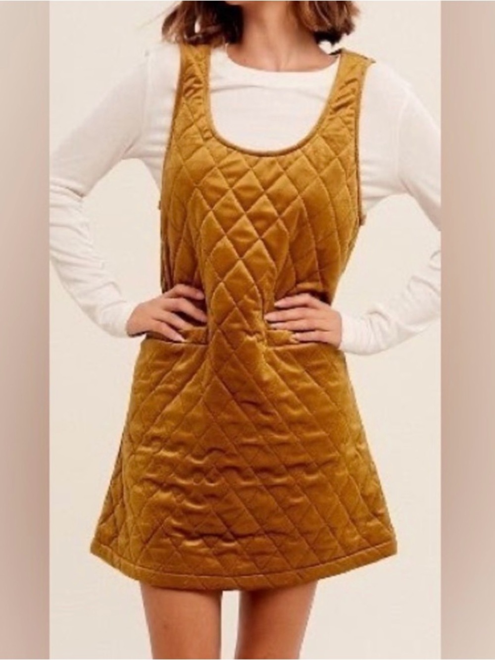Listicle Gold Velvet Quilted Sweet Nothing Pinafore Dress NWT M